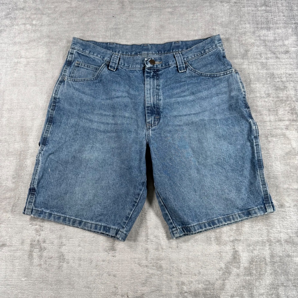 Wrangler Shorts Mens 34 Blue Denim Carpenter Relaxed Fit Workwear Jorts Utility
